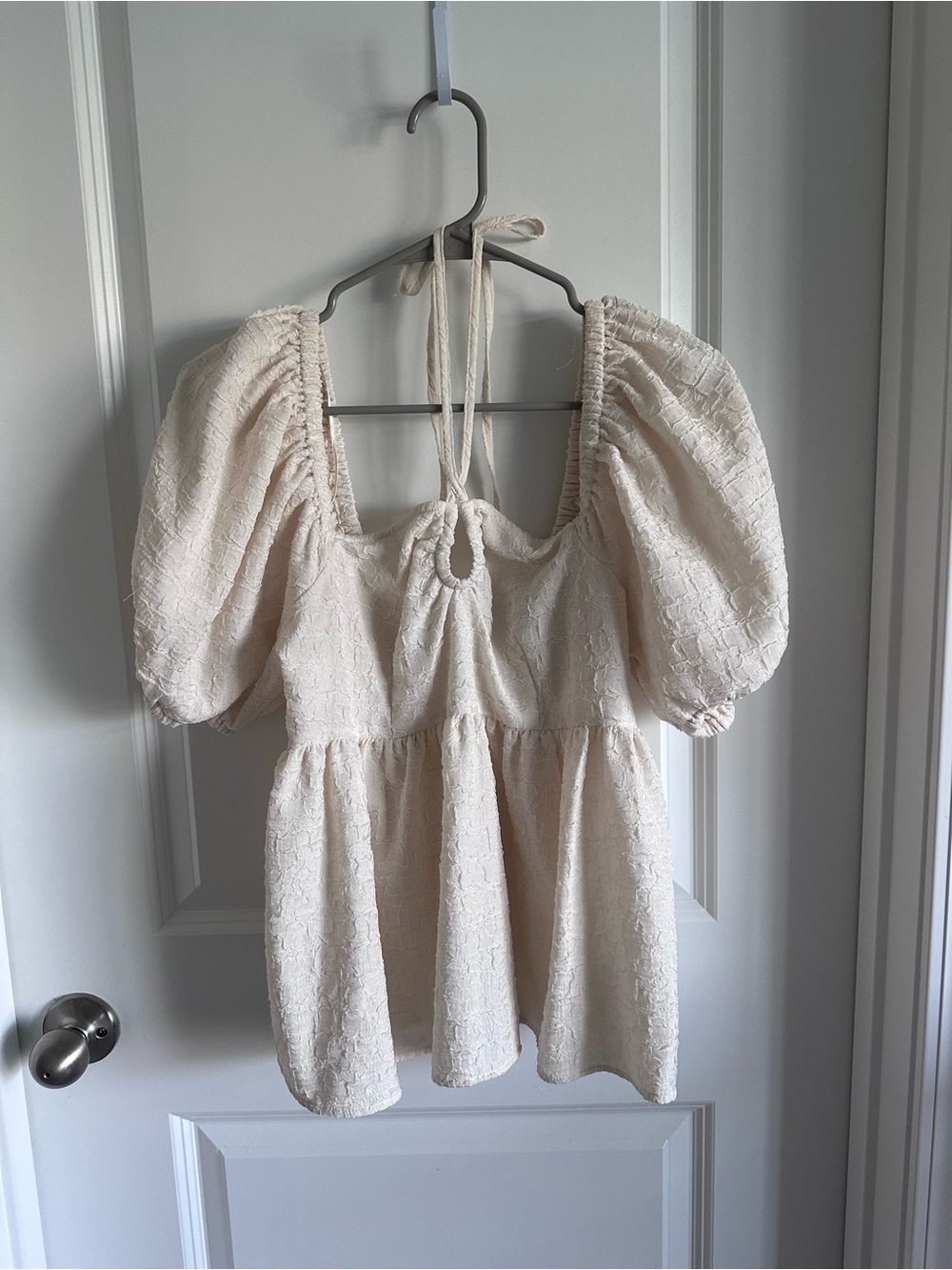 Puff-Sleeve Tie-Back Peplum Blouse - Cream